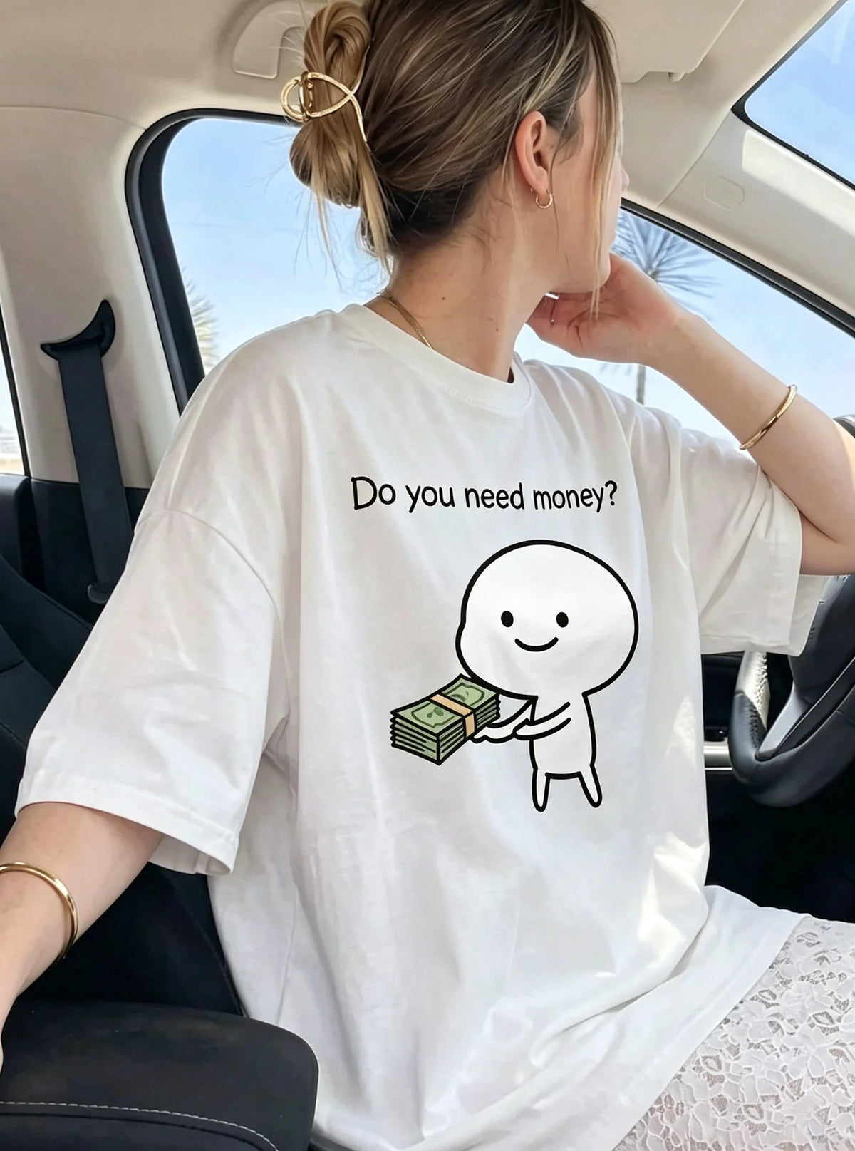 White Do You Need Money Cartoon Stick Figure Cash Oversized Cotton T-Shirt