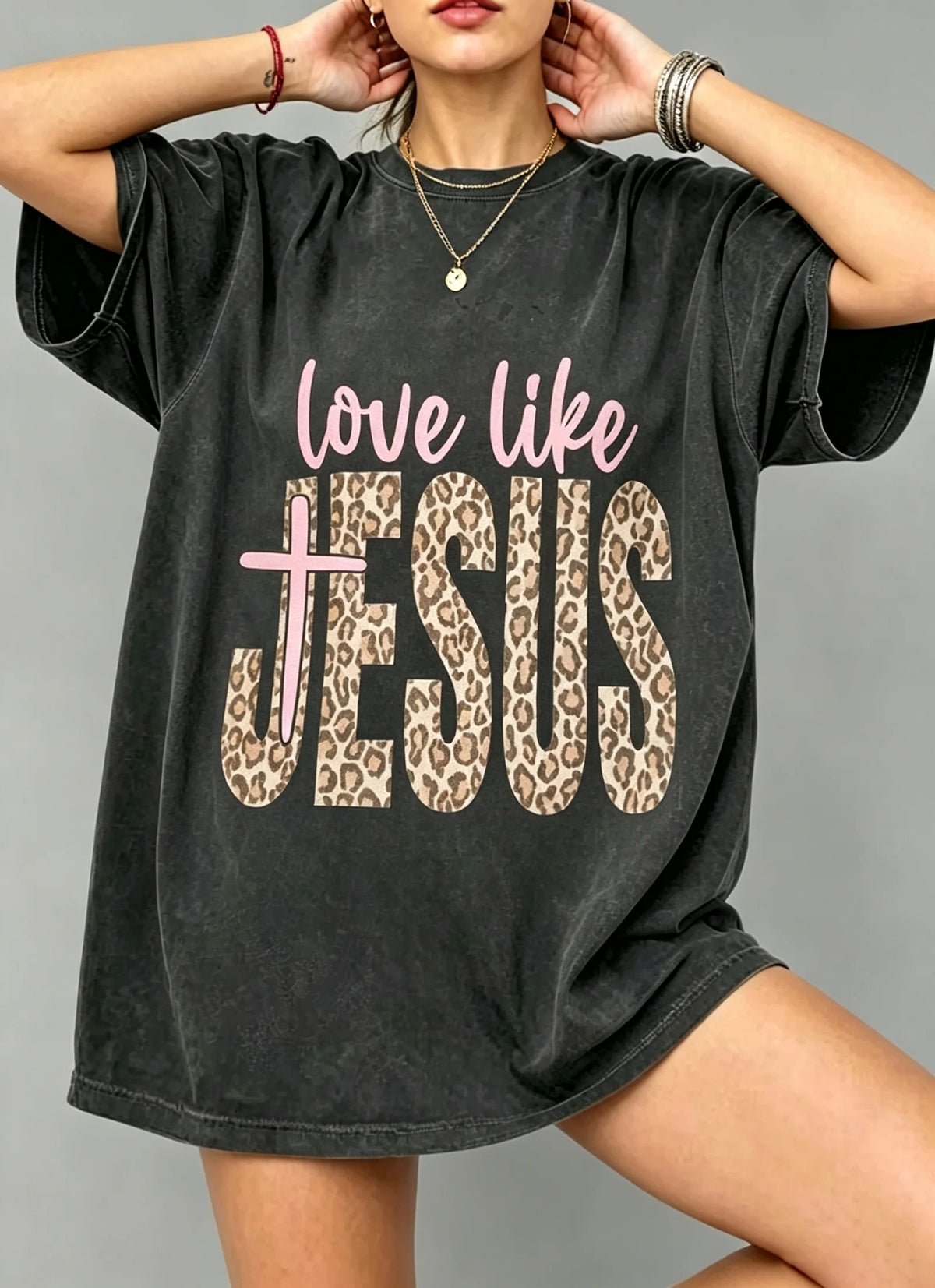 Love Like Jesus Leopard Graphic Oversized Cotton Tee